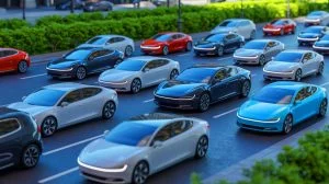 Illustration de la transformation du marché automobile avec la cohabitation entre voitures thermiques et électriques, générée par intelligence artificielle.