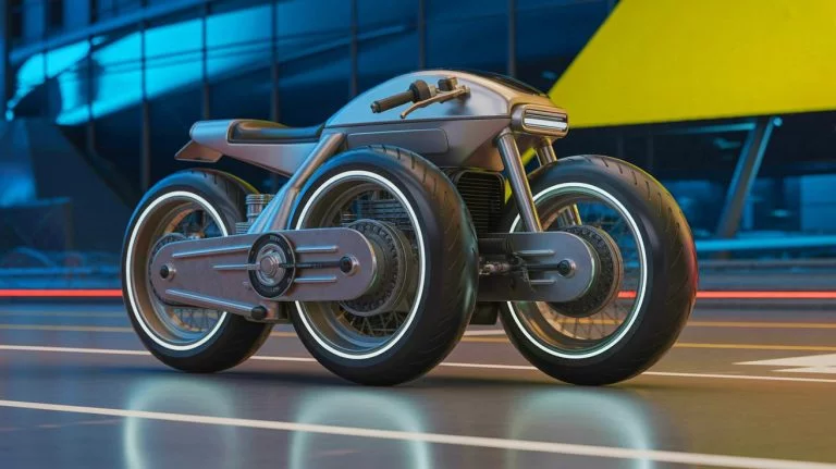 Illustration de la moto omnidirectionnelle innovante de James Bruton, générée par intelligence artificielle.