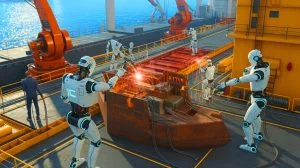 Illustration de l'intégration de robots humanoïdes dans les chantiers navals, générée par intelligence artificielle.