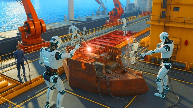 Illustration de l'intégration de robots humanoïdes dans les chantiers navals, générée par intelligence artificielle.