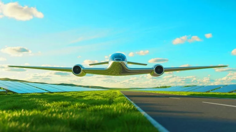 Illustration de la transformation de l'industrie aéronautique vers des solutions durables, générée par intelligence artificielle.