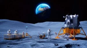 Illustration de la technologie chinoise utilisant le sol lunaire pour produire de l'oxygène et du carburant, générée par intelligence artificielle.