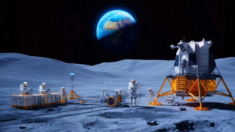 Illustration de la technologie chinoise utilisant le sol lunaire pour produire de l'oxygène et du carburant, générée par intelligence artificielle.