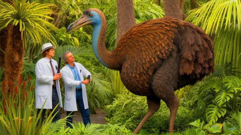 Illustration de la résurrection du géant moa par Peter Jackson et Colossal Biosciences, générée par intelligence artificielle.