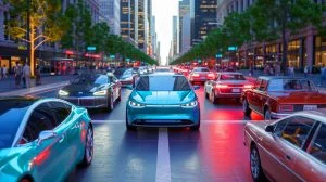 Illustration de la cohabitation entre voitures thermiques et électriques, générée par intelligence artificielle.
