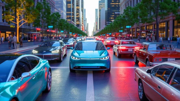 Illustration de la cohabitation entre voitures thermiques et électriques, générée par intelligence artificielle.