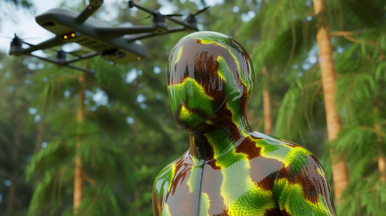 Illustration de l'utilisation d'un camouflage inspiré par la peau des calmars, rendant les soldats invisibles aux drones thermiques, générée par intelligence artificielle.