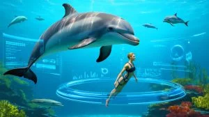 Illustration de la communication interespèces entre humains et animaux marins. Image réalisée par IA.