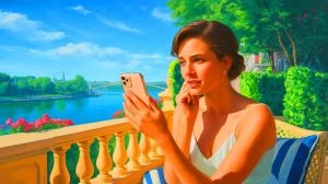 Illustration de la journaliste partageant un moment avec son compagnon virtuel sur une terrasse, générée par intelligence artificielle.