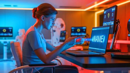 Illustration de l'exploit d'Audrey Crews écrivant son nom grâce à l'interface cerveau-ordinateur de Neuralink, générée par intelligence artificielle.