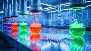Illustration de la transformation innovante de déchets plastiques en paracétamol, générée par intelligence artificielle.