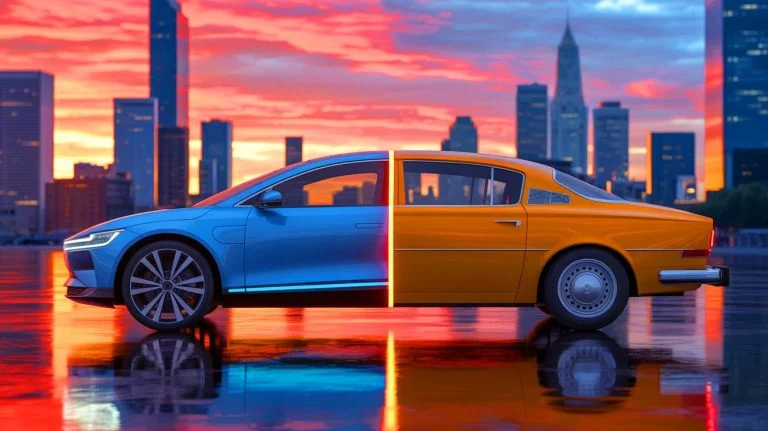 Illustration de la coexistence entre voitures thermiques et électriques, créée par intelligence artificielle.