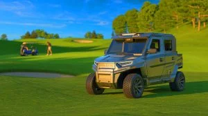 Illustration de Golf Force One, le véhicule blindé accompagnant Donald Trump sur le parcours de golf.