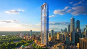 Illustration de l'imposant gratte-ciel One Bloor West à Toronto, symbole de l'architecture moderne. Image réalisée par IA.