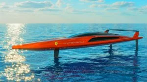 Illustration de la conception du yacht Hypersail de Ferrari, générée par intelligence artificielle.