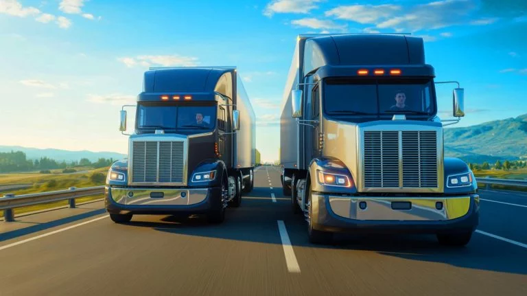Illustration de camions autonomes en peloton développés par Kratos Defense. Image réalisée par IA.