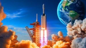 Illustration de la mise en orbite des premiers satellites du projet Qianfan par la Chine, générant des débris spatiaux, créée par intelligence artificielle.