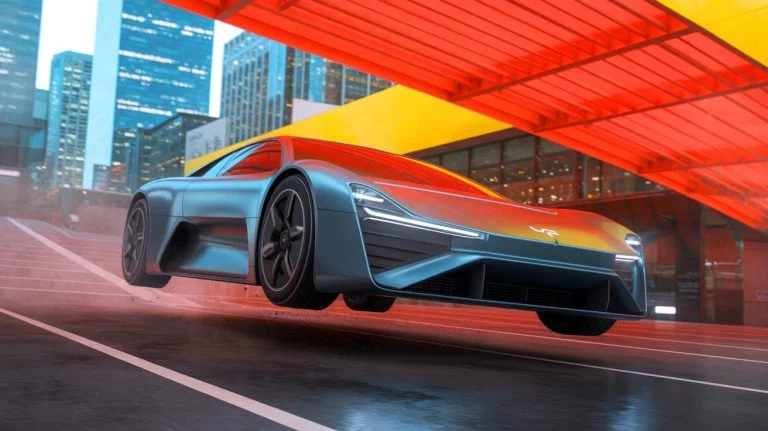 Illustration de la Yangwang U9, supercar électrique de BYD, capable de sauter par-dessus des obstacles, réalisée par intelligence artificielle.