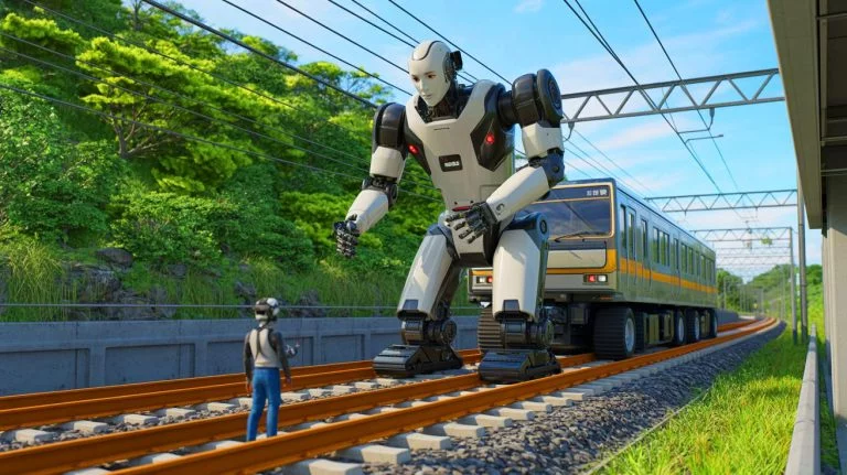 Illustration de robots géants humanoïdes effectuant la maintenance des voies ferrées japonaises, générée par intelligence artificielle.