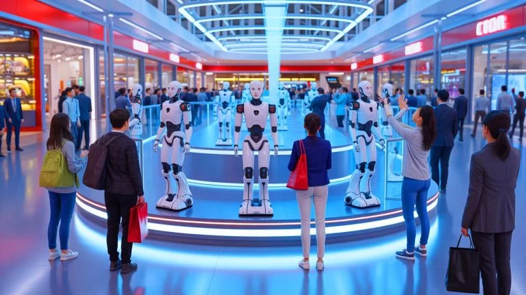 « Des vendeurs en acier » : la Chine ouvre à Pékin le premier centre commercial peuplé uniquement de robots humanoïdes au monde Illustration de l'intérieur du « Robot Mall » de Pékin, dédié à la vente de robots.