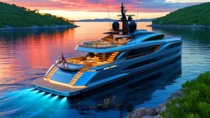 Illustration de la mise en vente du superyacht Breakthrough, premier yacht à hydrogène, symbole de luxe et d'innovation écologique.