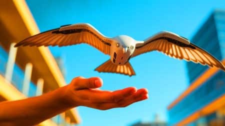 Illustration de l'atterrissage d'un drone à ailes battantes sur une main humaine.