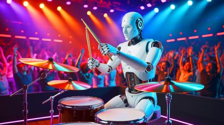 Illustration de Robot Drummer jouant de la batterie avec précision quasi humaine.