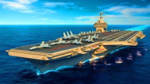 Illustration de l'USS Gerald R. Ford, le plus grand porte-avions du monde, symbole de la suprématie militaire américaine.