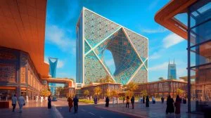 Illustration de l'architecture novatrice du Mukaab à Riyad, futur plus grand bâtiment du monde.