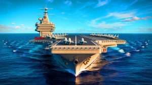Illustration de l'USS Gerald R. Ford, le plus grand porte-avions du monde, symbole de la suprématie militaire américaine.