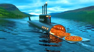 Illustration de la livraison de pizzas par sous-marin au Loch Ness par Domino's UK.