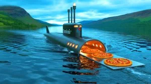 Illustration de la livraison de pizzas par sous-marin au Loch Ness par Domino's UK.