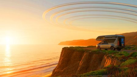 Illustration de la diffusion de produits chimiques dans l'atmosphère par un camping-car de la startup Make Sunsets.