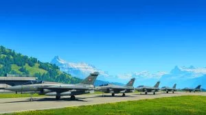 Illustration de la Suisse réévaluant ses alliances militaires en se détournant des F-35 américains.