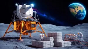 Illustration de la machine chinoise transformant le sol lunaire en briques grâce à l'énergie solaire.