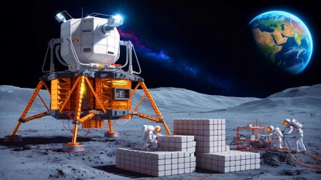 Illustration de la machine chinoise transformant le sol lunaire en briques grâce à l'énergie solaire.