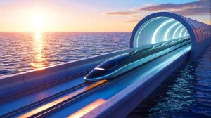 Illustration de la proposition de tunnel transatlantique reliant New York à Londres en 54 minutes grâce à la lévitation magnétique.