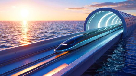 Illustration de la proposition de tunnel transatlantique reliant New York à Londres en 54 minutes grâce à la lévitation magnétique.