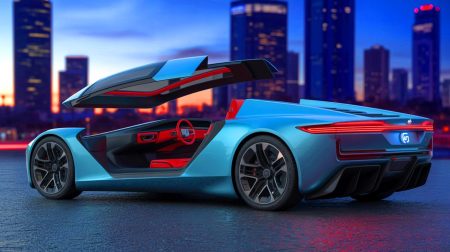 Illustration de la Corvette électrique conceptuelle de General Motors avec un design transformable et futuriste.