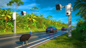 Illustration de la technologie LAARMA utilisant l'intelligence artificielle pour prévenir les collisions entre véhicules et animaux.
