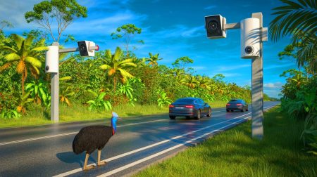 Illustration de la technologie LAARMA utilisant l'intelligence artificielle pour prévenir les collisions entre véhicules et animaux.