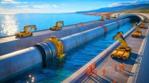 Illustration de la construction du tunnel ferroviaire sous le détroit de Gibraltar reliant le Maroc et l'Espagne.
