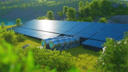 Illustration de la production d'hydrogène propre par SunHydrogen grâce à l'énergie solaire et à l'eau.