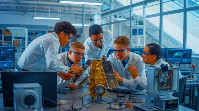 « Des étudiants visent le ciel avec un cube » : FrontierSat, le premier satellite de Calgary, traquera le mystérieux phénomène STEVE depuis l’orbite Illustration de la préparation du premier satellite étudiant de Calgary, FrontierSat, pour son lancement spatial.
