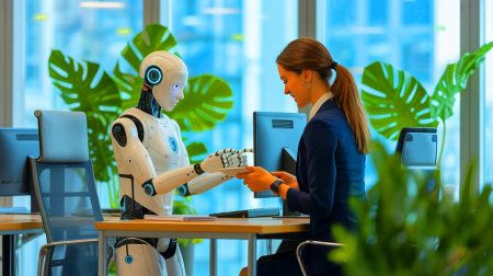 Illustration de la création d'un double virtuel par intelligence artificielle pour préserver l'expertise d'une employée modèle.