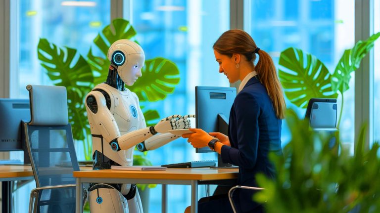 Illustration de la création d'un double virtuel par intelligence artificielle pour préserver l'expertise d'une employée modèle.