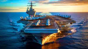 Illustration de l'USS Gerald R. Ford, le plus grand porte-avions du monde, symbole de la suprématie navale américaine.