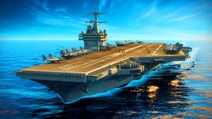 Illustration de l'USS Gerald R. Ford, symbole de la suprématie militaire et technologique navale américaine.