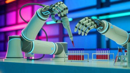 Illustration de la démonstration du bras robotisé PiPER et de la main Chius en action dans des tâches de laboratoire complexes.