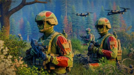 Illustration de la technologie de camouflage inspirée de la peau des calmars pour rendre les soldats invisibles aux drones thermiques.